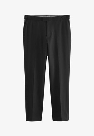 Schwarze maßgeschneiderte Hose mit flachem Vorderteil und Gürtelschlaufen. Aus glattem Material gefertigt, mit geradem Beinansatz und dezenten Nähten.