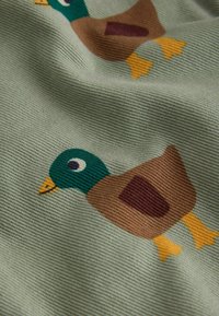 Close-up of fabric with cartoon mallard ducks in green, brown, and yellow printed on light green textured cloth.