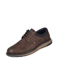 Zapato de cuero marrón con cordones, punta redondeada, detalles en azul marino y acabado texturizado. Cuenta con una suela de goma con patrón estriado para mayor agarre.