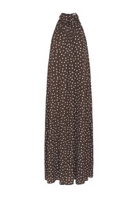 Robe maxi marron sans manches avec des pois blancs, col montant et fleur en tissu décorative au col.