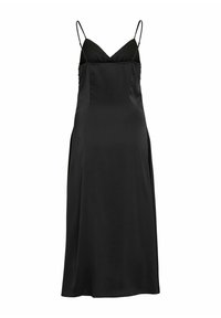 Vestido de satén negro con tirantes spaghetti ajustables, escote en pico y detalles de fruncido en los laterales. La silueta es de longitud hasta el suelo y ajustada.