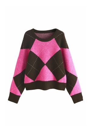 Brauner und rosa argyle-muster Pullover mit langen Ärmeln und Rundhalsausschnitt, der große Rautenformen und gerippte Bündchen und Saum aufweist.