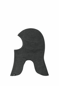 Czarna czapka-balaklava wykonana z miękkiego materiału, z otwartą twarzą i osłoną na szyję, z zaokrąglonym wierzchem i wycięciem na twarz.