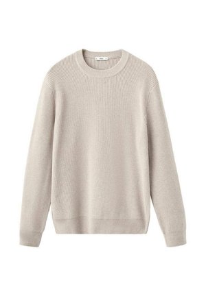 Suéter beige de punto con cuello redondo, mangas largas y puños y dobladillo acanalados, hecho de una tela texturizada.