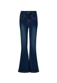 Jeans de mezclilla oscura acampanados con cintura alta, que presentan acentos dorados en los bolsillos frontales y detalles de costura sutiles.