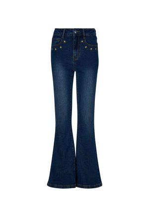 Uitlopende donkere denim jeans met een hoge taille, voorzien van gouden steraccenten langs de voorkauw en subtiele stikdetails.