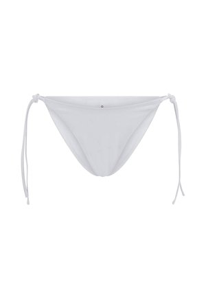 White bikini bottom with adjustable ties on both sides. Made of smooth, stretchy material, featuring a simple triangular design.