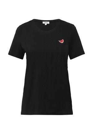 Zwarte katoenen T-shirt met korte mouwen, met een kleine geborduurde watermeloen op de linkerborst. Klassiek ontwerp met ronde hals.