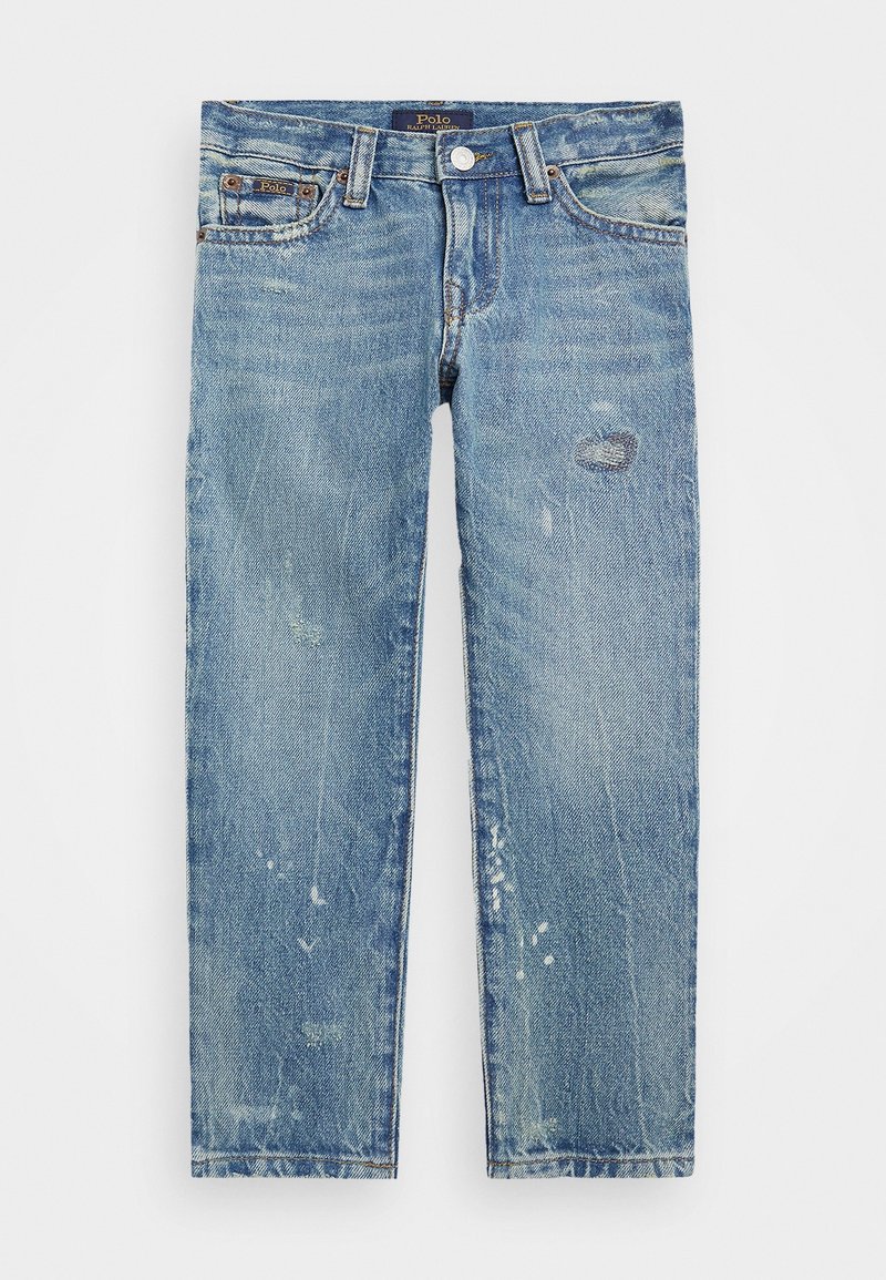 Jeans in denim azzurro chiaro con taglio dritto, caratterizzati da dettagli strappati, scoloriture e chiusura con bottone. Design classico a cinque tasche.