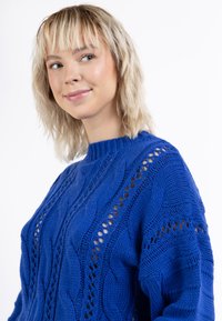 Pulover tricotat albastru cu un model de tricot cu cablu, având accente decupate pe mâneci și guler. Guler cu margine ondulată și textură moale.