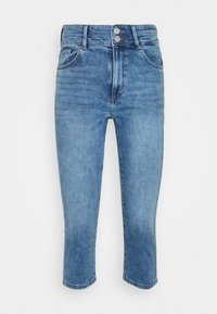 Jeans en denim bleu clair, coupés, avec taille haute, dotés de deux poches avant et d'une fermeture à bouton et à zip classique.