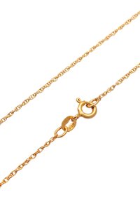Guldtonet kæd necklace med et delikat, sammenflettet linkdesign og en rund lobster clasp med et synligt 925-mærke.