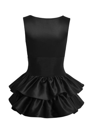 Zwarte jurk met een aansluitend lijfje en een uitlopende rok, gekleed met drie gelaagde ruches. Gemaakt van satijn met een gladde textuur.