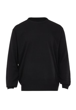 Schwarzes Sweatshirt mit Rundhalsausschnitt und langen Ärmeln, mit gerippten Bündchen und Saum, vor weißem Hintergrund dargestellt.