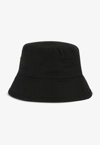 Black bucket hat made of textured fabric, featuring a wide, downward-sloping brim and a stitched band around the crown.