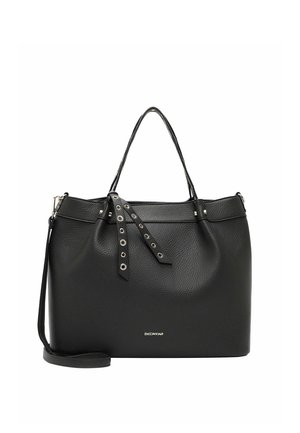 Borsa a mano in pelle nera texturizzata con manici superiori, tracolla staccabile e dettaglio decorativo con occhielli argentati.