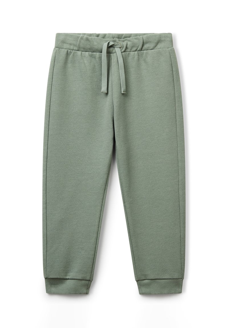 Hellgrüne Jogginghose mit elastischem Bund, Kordelzug, Seitentaschen und gerippten Bündchen auf weißem Hintergrund.