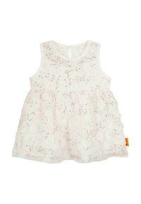 Weißes ärmelloses Kleid aus geschichtetem Tüll, mit pinken Blumenmustern und kleinen Pailletten. Knopfverschluss auf der Rückseite und weiche Textur.