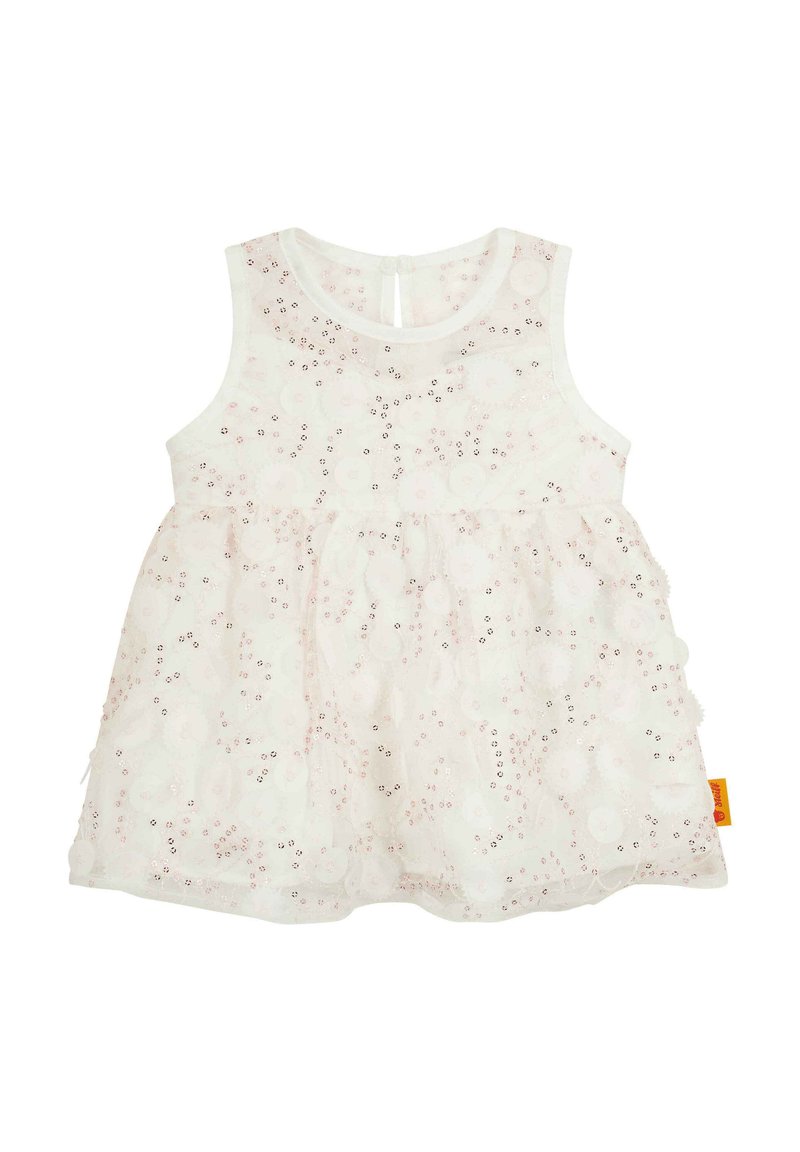 Weißes ärmelloses Kleid aus geschichtetem Tüll, mit pinken Blumenmustern und kleinen Pailletten. Knopfverschluss auf der Rückseite und weiche Textur.