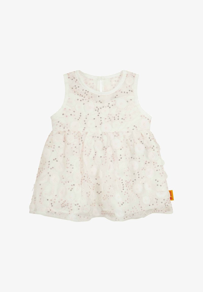 Weißes ärmelloses Kleid aus geschichtetem Tüll, mit pinken Blumenmustern und kleinen Pailletten. Knopfverschluss auf der Rückseite und weiche Textur.