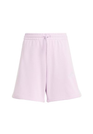 Shorts de sport violets clairs avec taille élastique et cordon, coupe ample, avec un logo discret sur la partie inférieure de la jambe gauche.