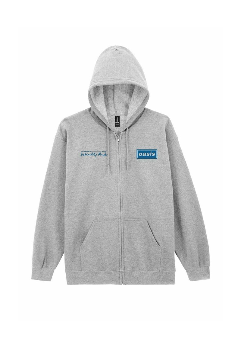 Grå hættetrøje med lynlås og hætte, med to frontlommer. Tekst trykt på venstre bryst: "Definitely Maybe" og et "oasis" logo i blå.