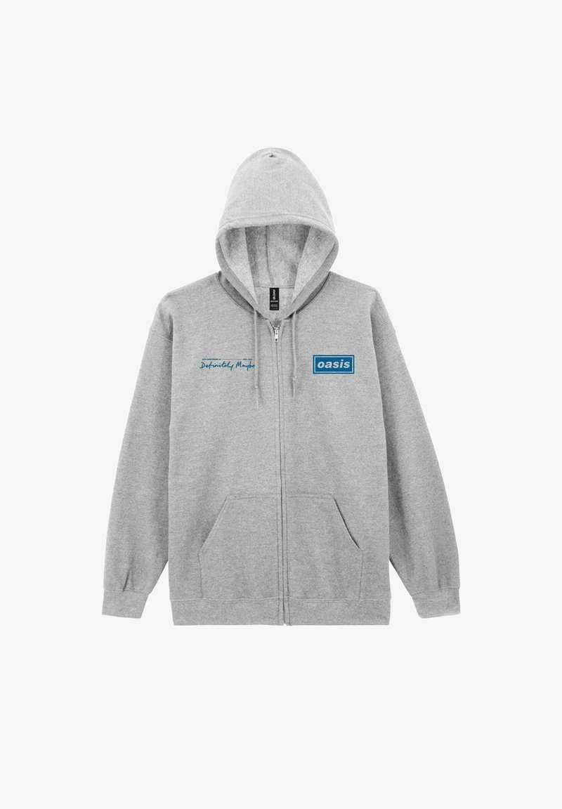 Grå hettejakke med glidelås, med hette og to frontlommer. Tekst trykt på venstre bryst: "Definitely Maybe" og et "oasis"-logo i blått.