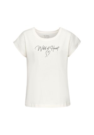 Valge puuvillane T-särk lühikeste varrukatega, ümar kaelus ja "Wild at Heart" tekst musta kaldkirjaga trükituna ees.