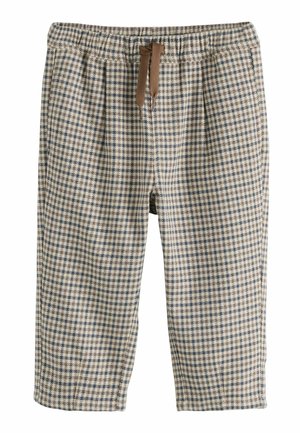 Beige und blaue Hose mit elastischem Bund im Karomuster und braunem Kordelzug, Vorderansicht isoliert auf weißem Hintergrund.