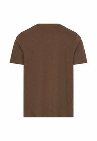 Enkelt brun t-shirt med korte ærmer og rund hals, vist bagfra med lige kant og uden synlige logoer eller motiver.