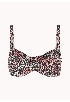 Bikinitop met luipaardprint in roze en zwart, met dunne verstelbare bandjes, beugelkanten en een klein strikdetail aan de voorkant.