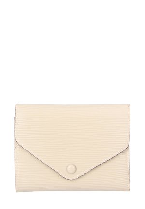 Beige textured leather wallet, rectangular shape with an envelope flap, snap closure, and subtle embossed lines across the surface.