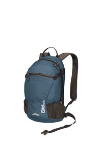 Blauwe nylon rugzak met een gevoerde mesh achterkant, ritssluitingen, en verstelbare banden. Inclusief zijmeshzakken en een logo.