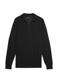 Schwarzer Pullover mit langen Ärmeln und Polokragen, aus weichem Material gefertigt. Mit einem dezenten Logo auf der Brust.