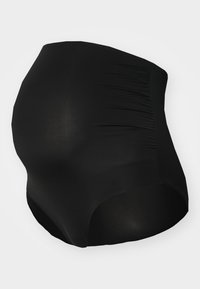 Zwarte zwangerschapsbroek met een gladde, rekbare textuur. Beschikt over geraffineerde zijkanten voor comfort en is ontworpen voor een ondersteunende pasvorm tijdens de zwangerschap.