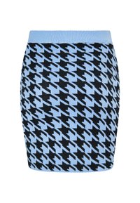 Neulehame, jossa on vaaleansininen ja musta houndstooth-kuvio, vaaleansinisestä ribbikankaasta valmistettu vyötärö. Keskipitkä ja vartalonmyötäinen malli.