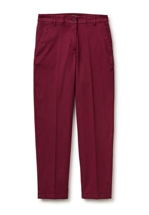 Proste spodnie bordowe z szlufkami na pasek, zapięciem na guziki i bocznymi kieszeniami, przedstawione na białym tle.