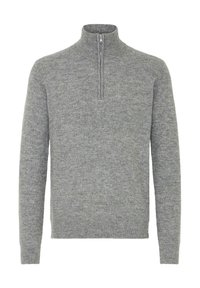 Harmaa neulepaita, jossa on puolivälin vetoketju, pitkät hihat ja ribbireunat. Pehmeä rakenne, jossa on tasainen ja hienovarainen kuviointi ympäriinsä.