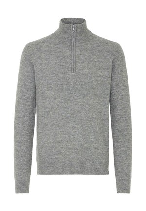 Szary sweter z dzianiny z półzamkiem, długimi rękawami i prążkowanymi mankietami. Miękka tekstura z jednolitym, subtelnym wzorem w całym swetrze.