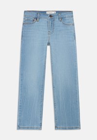 Jasnoniebieskie dżinsy o prostym kroju z pięcioma kieszeniami, z zapięciem na guzik i subtelnymi detalami whiskering. Wykonane z materiału dżinsowego.