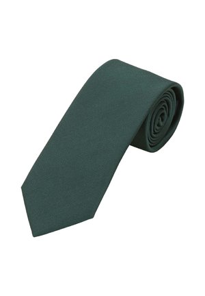 Dunkelgrüne Krawatte aus strukturiertem Stoff, mit einfarbigem Design und Standardbreite, aufgerollt zur Präsentation.
