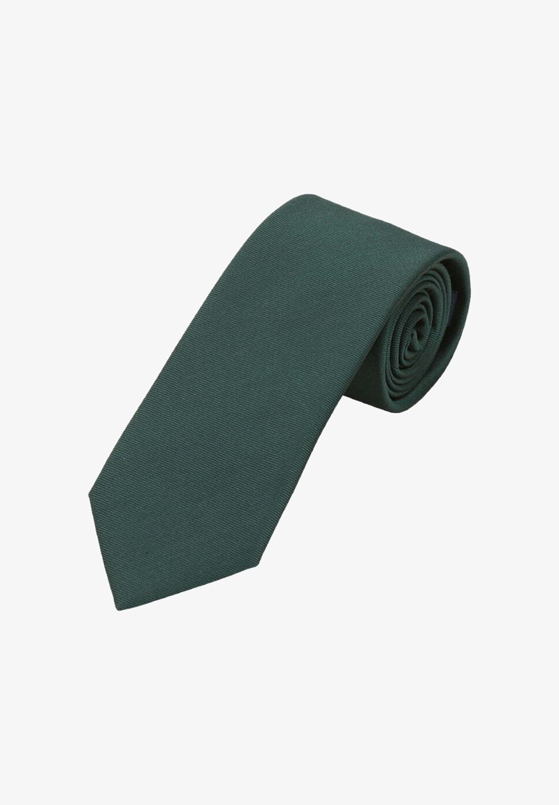 Dark green tie, made of textured fabric, with a solid color design and a standard width, rolled up for display.