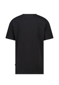 Black cotton t-shirt with short sleeves and a crew neckline. Smooth texture, straight cut, and no visible logos or patterns on the back.