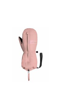 Rosa isolierte Fäustlinge mit Reißverschluss, elastischem Handgelenk und schwarzer Handfläche. Verfügt über einen Riemen für einen sicheren Sitz. Glatte Textur und gepolstertes Design.