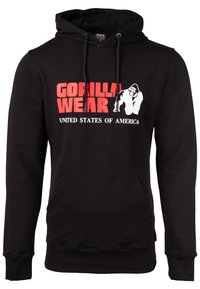 Haut à capuche noir en mélange de coton. Dispose d'une poche kangourou à l'avant, d'une capuche avec cordon et d'un texte logo audacieux en rouge et blanc.