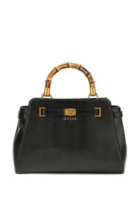 Black textured handbag with bamboo-style handle, gold logo detail, and rectangular shape. Features gold accents on the front.