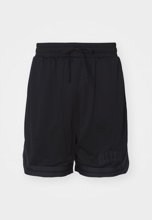 Shorts de sport noirs en tissu mesh, avec une taille élastique dotée d'un cordon de serrage, des rayures sur les côtés et un détail de logo au bas.