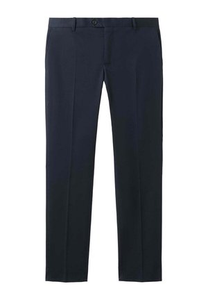 Pantalones de vestir azul marino entallados con cierre de botón y cremallera, trabillas para el cinturón y pliegues frontales.