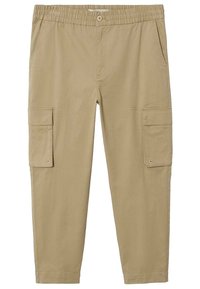 Beige cargobroek met een elastische tailleband, voorzien van zijzakken en twee cargozakken op de benen. Gemaakt van lichte stof.