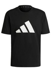 Mustapohjainen puuvillapaita, jossa on suuri valkoinen adidas-logo geometrisessa suunnittelussa. Lyhyet hihat, pyöreä pääntie ja kuvioitu sisäniska.